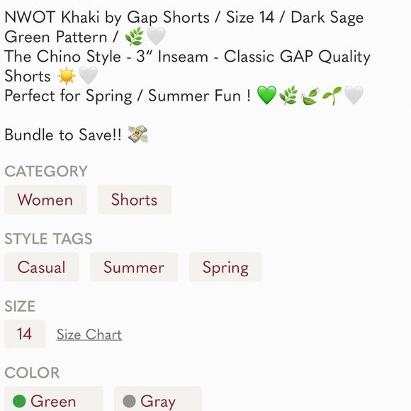 NWOT Khaki by Gap Shorts / Size 14 / Dark Sage Green + White Pattern / πΏπ€ - Picture 3 of 3